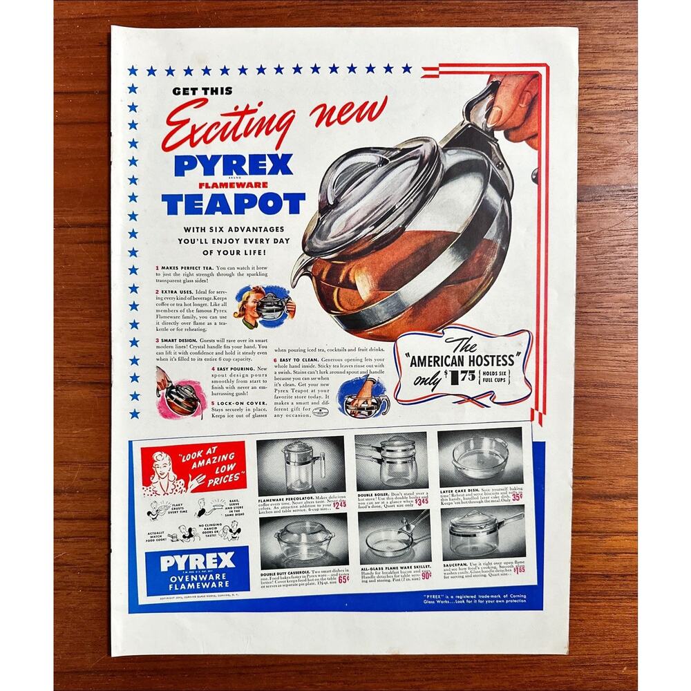 1941 VTG Original Magazine Ad PYREX Glass Exciting New Flameware Teapot
